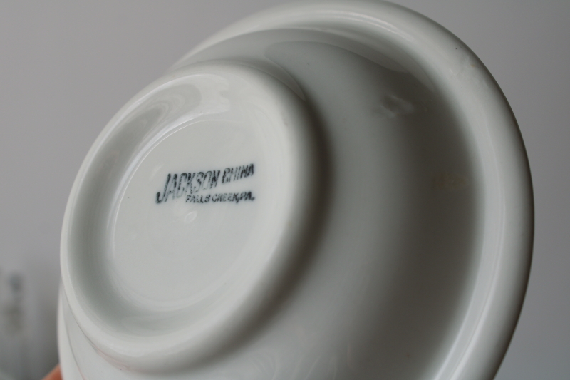 photo of MCM vintage restaurant china, white ironstone sauce bowls grey airbrush fleur de lis or art deco leaves  #4