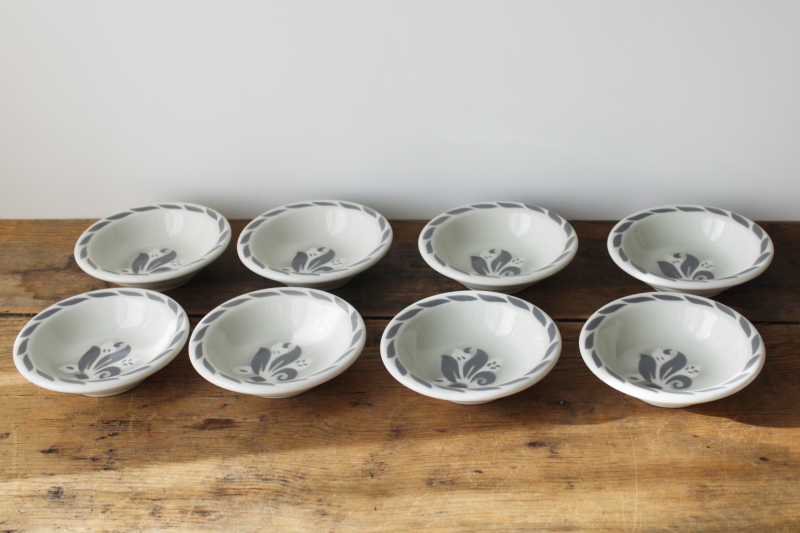 photo of MCM vintage restaurant china, white ironstone sauce bowls grey airbrush fleur de lis or art deco leaves  #5