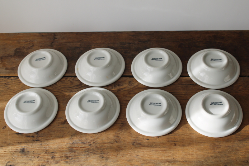 photo of MCM vintage restaurant china, white ironstone sauce bowls grey airbrush fleur de lis or art deco leaves  #7