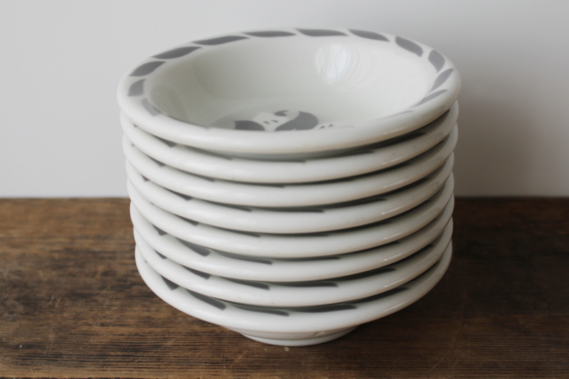 photo of MCM vintage restaurant china, white ironstone sauce bowls grey airbrush fleur de lis or art deco leaves  #9