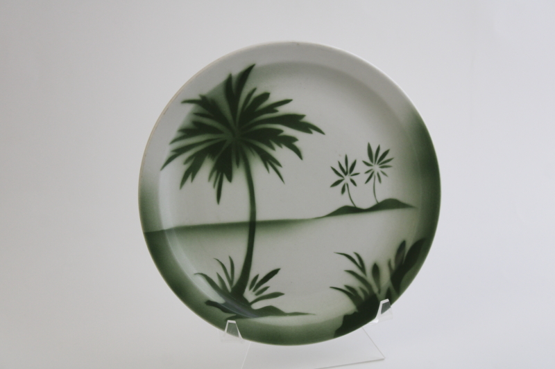 photo of MCM vintage restaurant plate, ironstone china green airbrush design palm trees silhouette #1