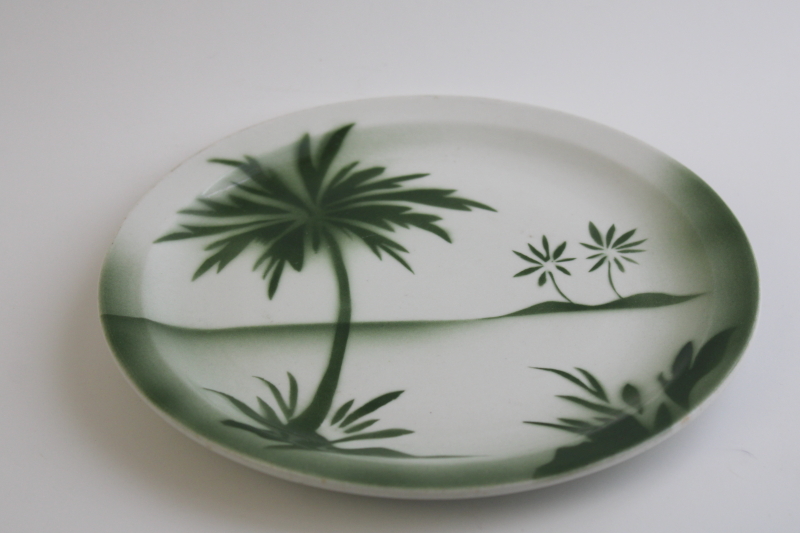 photo of MCM vintage restaurant plate, ironstone china green airbrush design palm trees silhouette #2