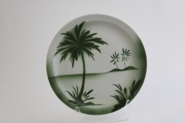 catalog photo of MCM vintage restaurant plate, ironstone china green airbrush design palm trees silhouette