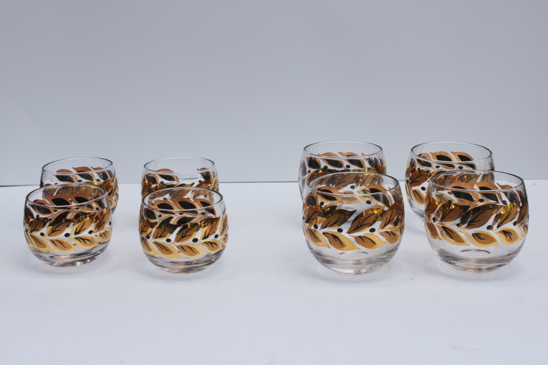 photo of MCM vintage roly poly drinking glasses, laurel leaf metallic gold & black mod bar glassware tiny round tumblers  #1