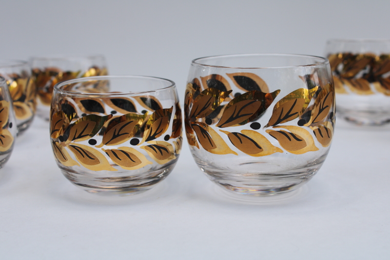photo of MCM vintage roly poly drinking glasses, laurel leaf metallic gold & black mod bar glassware tiny round tumblers  #2