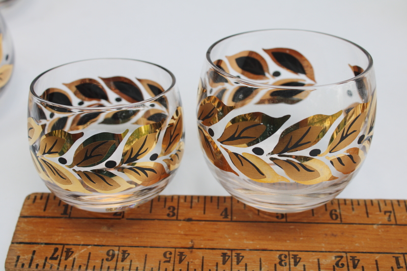 photo of MCM vintage roly poly drinking glasses, laurel leaf metallic gold & black mod bar glassware tiny round tumblers  #3