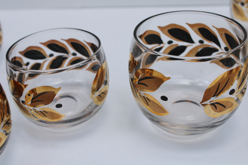 photo of MCM vintage roly poly drinking glasses, laurel leaf metallic gold & black mod bar glassware tiny round tumblers  #4