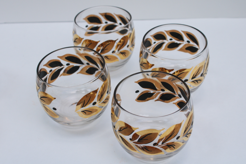 photo of MCM vintage roly poly drinking glasses, laurel leaf metallic gold & black mod bar glassware tiny round tumblers  #6