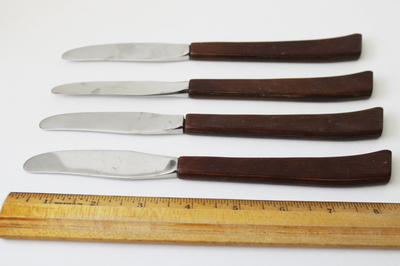 photo of MCM vintage set of teak or rosewood handle table knives, danish modern minimalist style #5