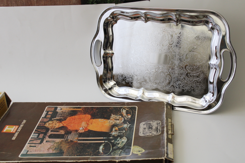 photo of MCM vintage shiny silver chrome plated metal serving tray, original Irvinware box #1