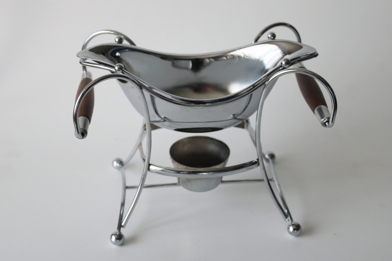 photo of MCM vintage spaceship chrome gravy boat or dip bowl dish w/ teak handled warming stand  #1