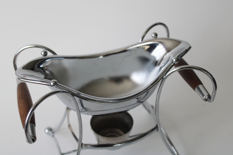 photo of MCM vintage spaceship chrome gravy boat or dip bowl dish w/ teak handled warming stand  #2