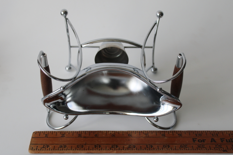 photo of MCM vintage spaceship chrome gravy boat or dip bowl dish w/ teak handled warming stand  #7