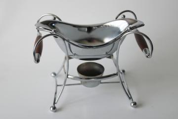 catalog photo of MCM vintage spaceship chrome gravy boat or dip bowl dish w/ teak handled warming stand 