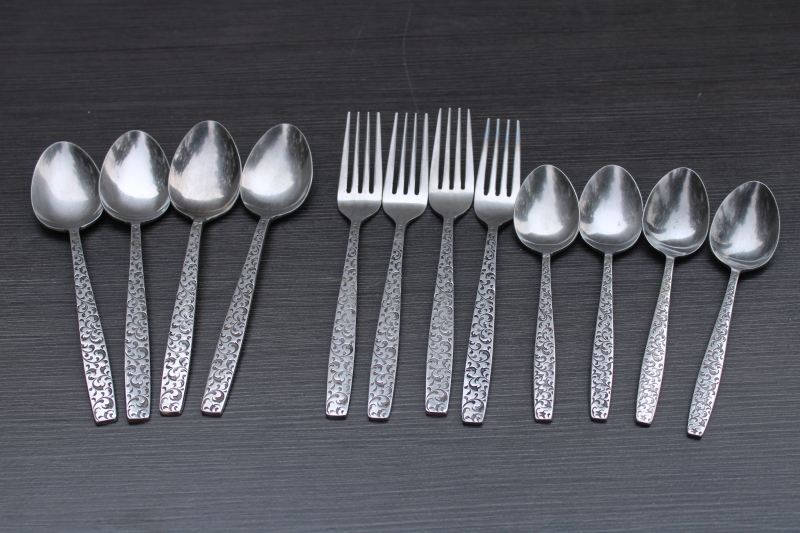 photo of MCM vintage stainless flatware set for 4, Corsican pattern mod textured handles #1
