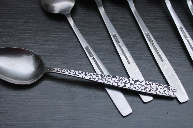photo of MCM vintage stainless flatware set for 4, Corsican pattern mod textured handles #4