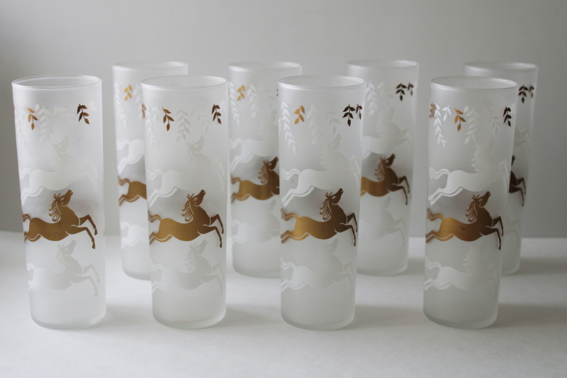 photo of MCM vintage tall skinny tumblers, Libbey Cavalcade matte gold & white horses highball glasses set of 8 #1