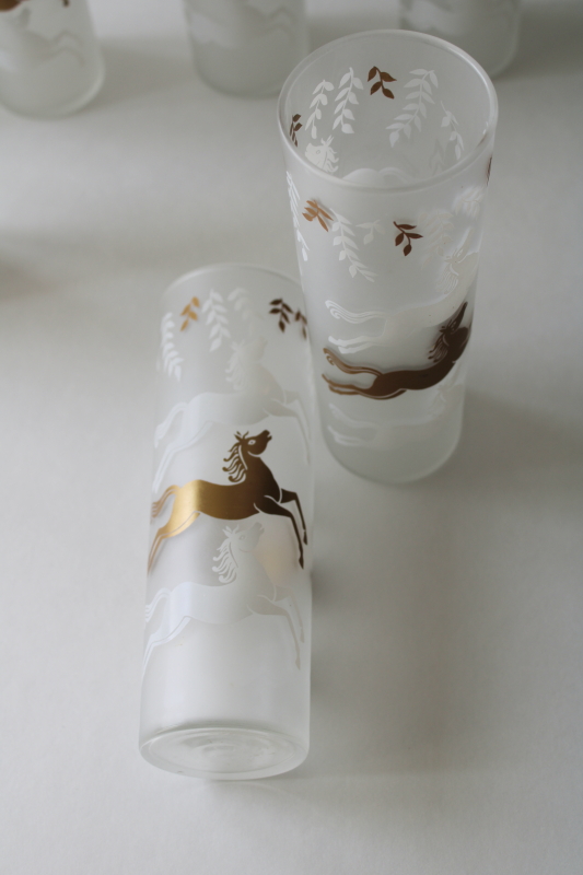 photo of MCM vintage tall skinny tumblers, Libbey Cavalcade matte gold & white horses highball glasses set of 8  #2