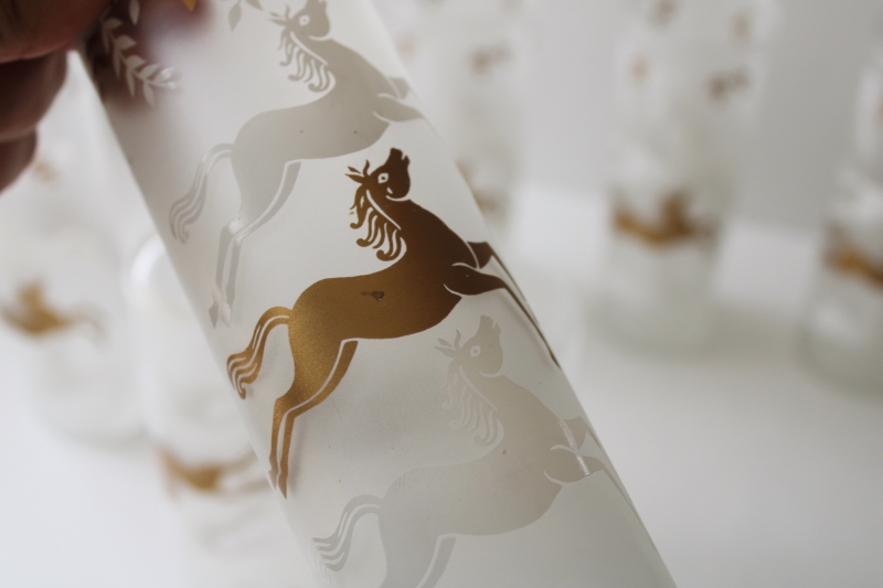 photo of MCM vintage tall skinny tumblers, Libbey Cavalcade matte gold & white horses highball glasses set of 8  #3
