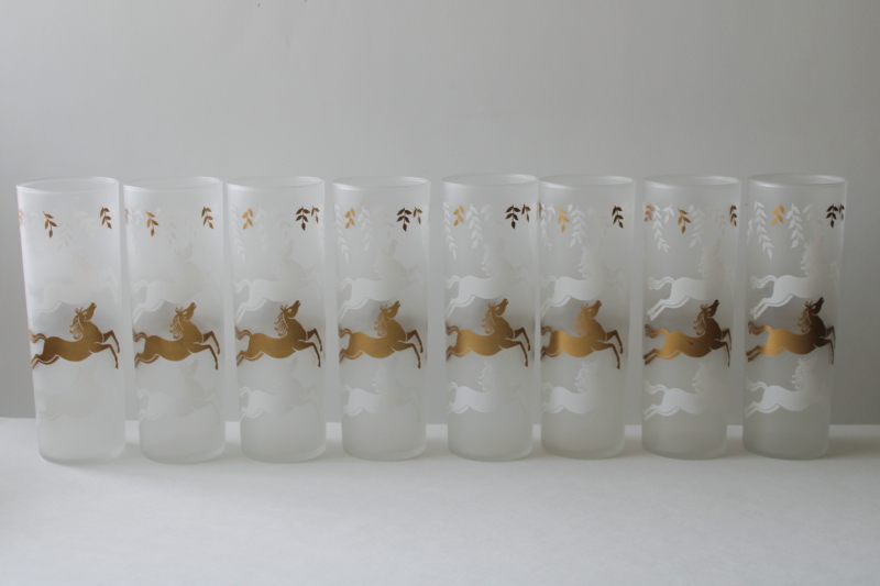 photo of MCM vintage tall skinny tumblers, Libbey Cavalcade matte gold & white horses highball glasses set of 8  #5