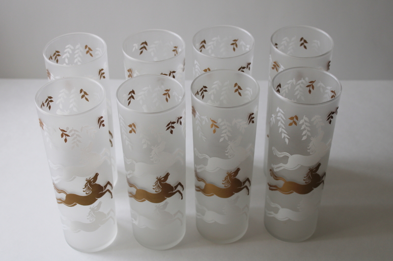photo of MCM vintage tall skinny tumblers, Libbey Cavalcade matte gold & white horses highball glasses set of 8  #6