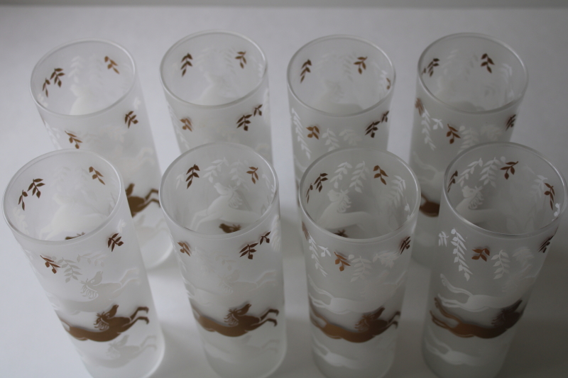 photo of MCM vintage tall skinny tumblers, Libbey Cavalcade matte gold & white horses highball glasses set of 8  #7