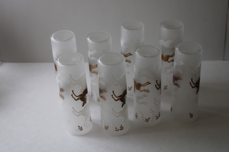 photo of MCM vintage tall skinny tumblers, Libbey Cavalcade matte gold & white horses highball glasses set of 8  #8