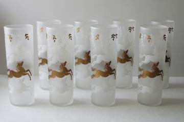 catalog photo of MCM vintage tall skinny tumblers, Libbey Cavalcade matte gold & white horses highball glasses set of 8 