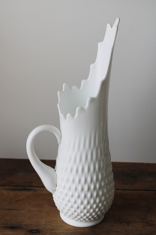 photo of MCM vintage tall swung shape vase or pitcher, Fenton hobnail milk glass  #2