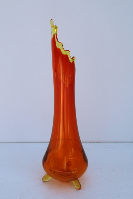 photo of MCM vintage three toed swung vase, amberina orange hand blown art glass Smith or Fayette? #1