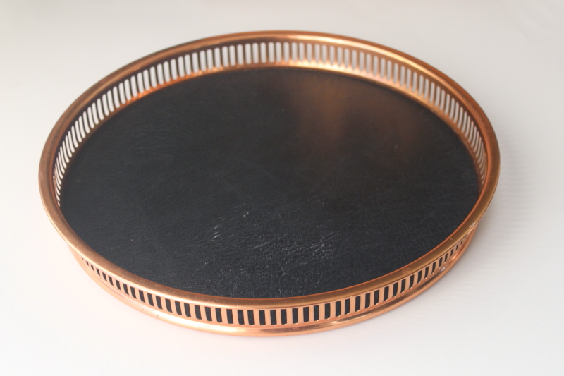 photo of MCM vintage tray Coppercraft Guild label, large round gallery tray copper w/ black leatherette  #1