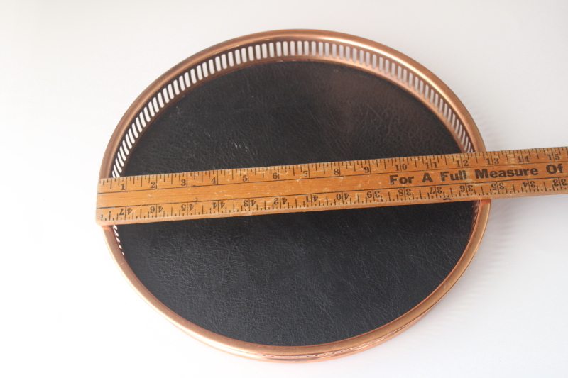 photo of MCM vintage tray Coppercraft Guild label, large round gallery tray copper w/ black leatherette  #7