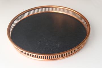 catalog photo of MCM vintage tray Coppercraft Guild label, large round gallery tray copper w/ black leatherette 