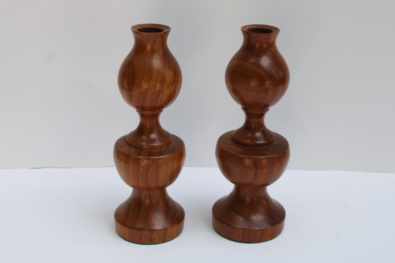 photo of MCM vintage turned wood candle holders pair, mod curvy candlesticks  #1