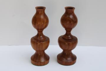 catalog photo of MCM vintage turned wood candle holders pair, mod curvy candlesticks 