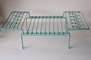 catalog photo of MCM vintage wire dish drying rack, plate holder stand w/ hooks for mugs, retro aqua turquoise color 