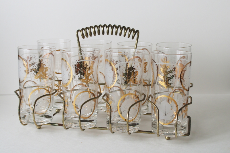 photo of MCM wire caddy drinking glasses w/ carrier rack, Federal glass gold leaf print highballs set of 8  #1