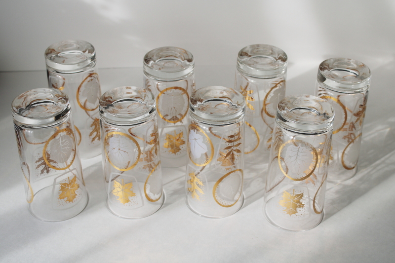 photo of MCM wire caddy drinking glasses w/ carrier rack, Federal glass gold leaf print highballs set of 8 #2