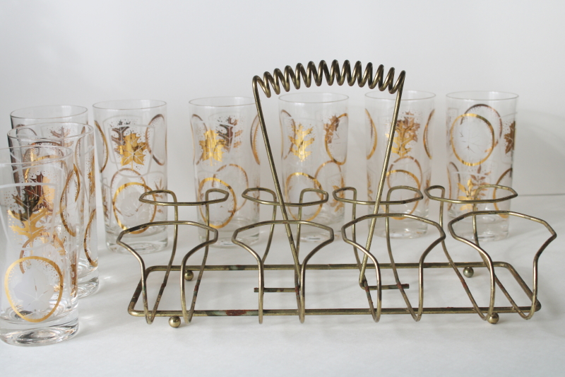 photo of MCM wire caddy drinking glasses w/ carrier rack, Federal glass gold leaf print highballs set of 8 #3
