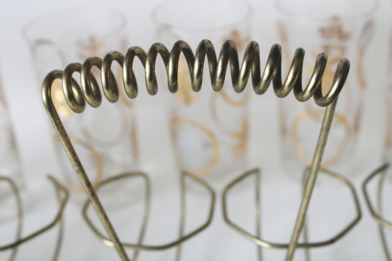 photo of MCM wire caddy drinking glasses w/ carrier rack, Federal glass gold leaf print highballs set of 8 #4