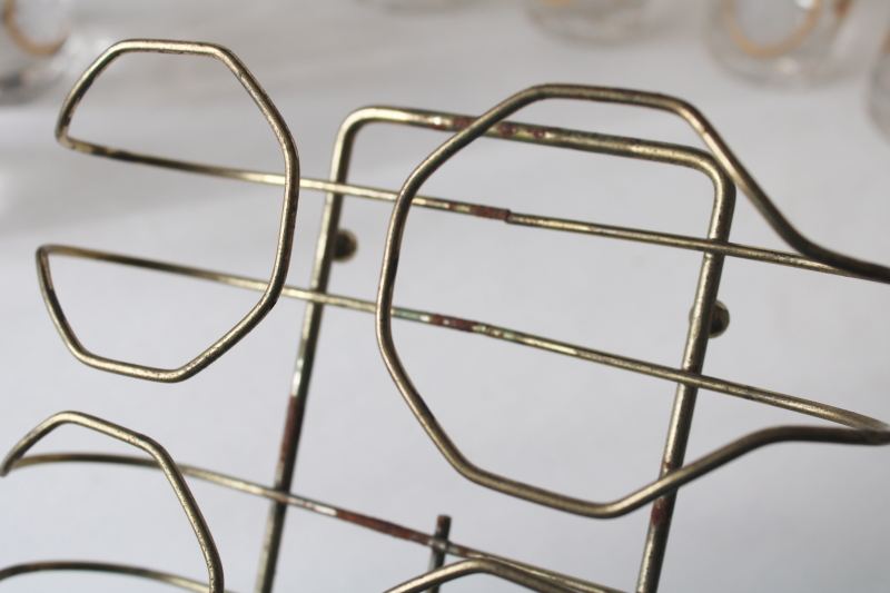 photo of MCM wire caddy drinking glasses w/ carrier rack, Federal glass gold leaf print highballs set of 8 #6