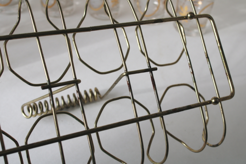 photo of MCM wire caddy drinking glasses w/ carrier rack, Federal glass gold leaf print highballs set of 8 #7