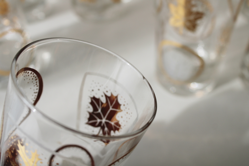 photo of MCM wire caddy drinking glasses w/ carrier rack, Federal glass gold leaf print highballs set of 8 #9