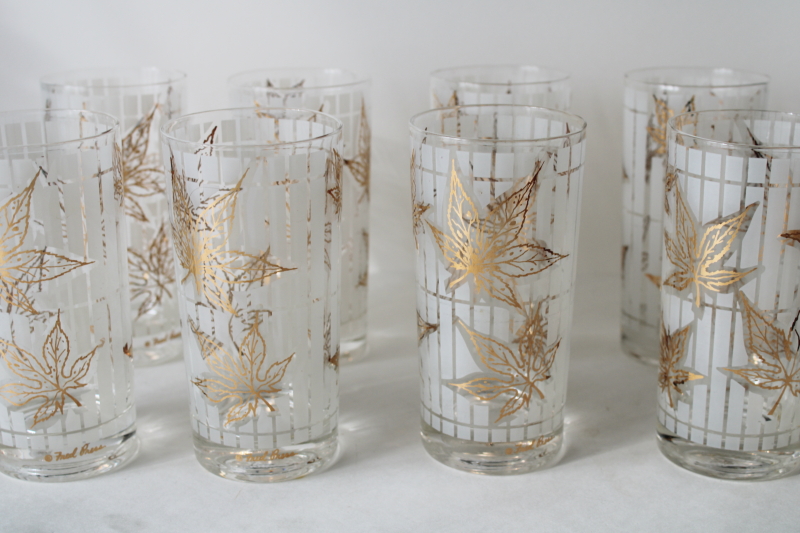photo of MCM wire caddy drinking glasses w/ carrier rack, Fred Press gold leaf print highballs set of 8 #2