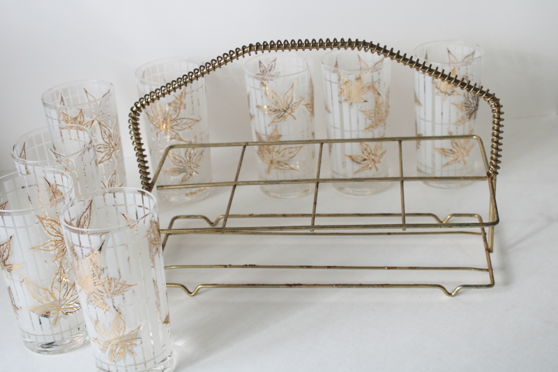 photo of MCM wire caddy drinking glasses w/ carrier rack, Fred Press gold leaf print highballs set of 8 #5