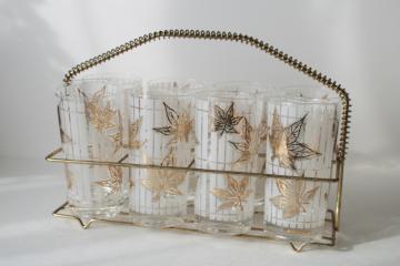 catalog photo of MCM wire caddy drinking glasses w/ carrier rack, Fred Press gold leaf print highballs set of 8 