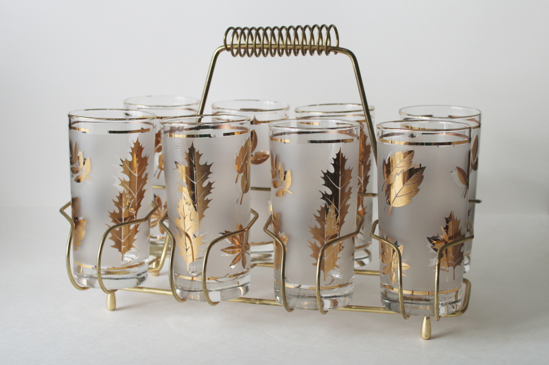 photo of MCM wire caddy drinking glasses w/ carrier rack, Libbey golden foliage highballs set of 8  #1