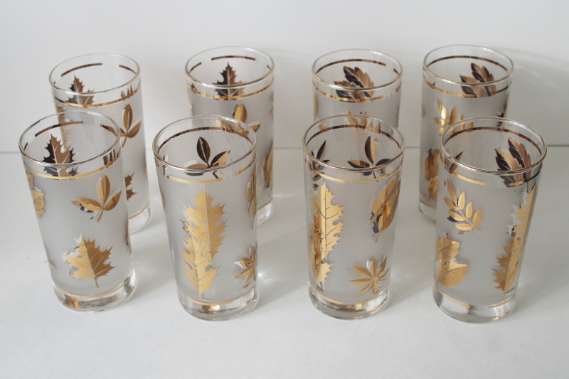 photo of MCM wire caddy drinking glasses w/ carrier rack, Libbey golden foliage highballs set of 8 #2