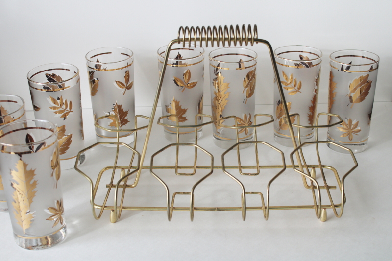 photo of MCM wire caddy drinking glasses w/ carrier rack, Libbey golden foliage highballs set of 8 #3