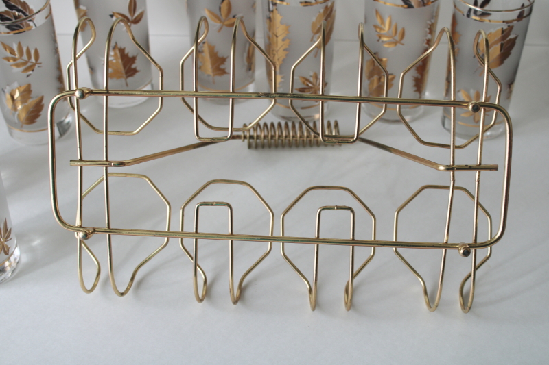 photo of MCM wire caddy drinking glasses w/ carrier rack, Libbey golden foliage highballs set of 8 #4